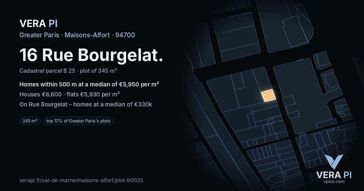 16 Rue Bourgelat, Maisons-Alfort at night – the plot lit, the parcels around coloured by the prices near them