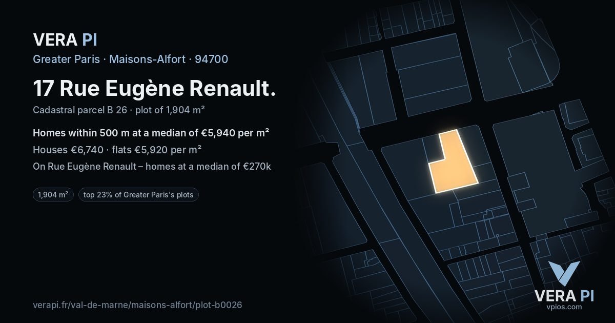 17 Rue Eugène Renault, Maisons-Alfort at night – the plot lit, the parcels around coloured by the prices near them