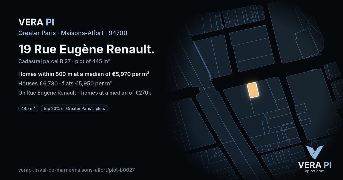 19 Rue Eugène Renault, Maisons-Alfort at night – the plot lit, the parcels around coloured by the prices near them