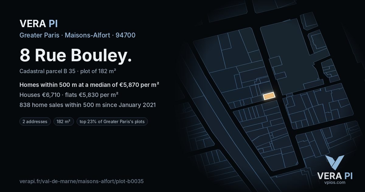 8 Rue Bouley, Maisons-Alfort at night – the plot lit, the parcels around coloured by the prices near them