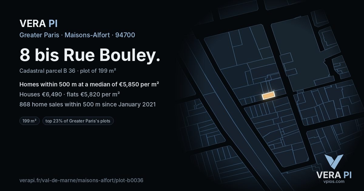 8 bis Rue Bouley, Maisons-Alfort at night – the plot lit, the parcels around coloured by the prices near them