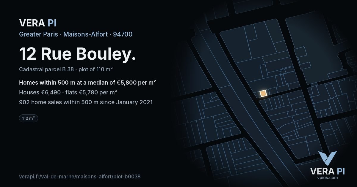 12 Rue Bouley, Maisons-Alfort at night – the plot lit, the parcels around coloured by the prices near them