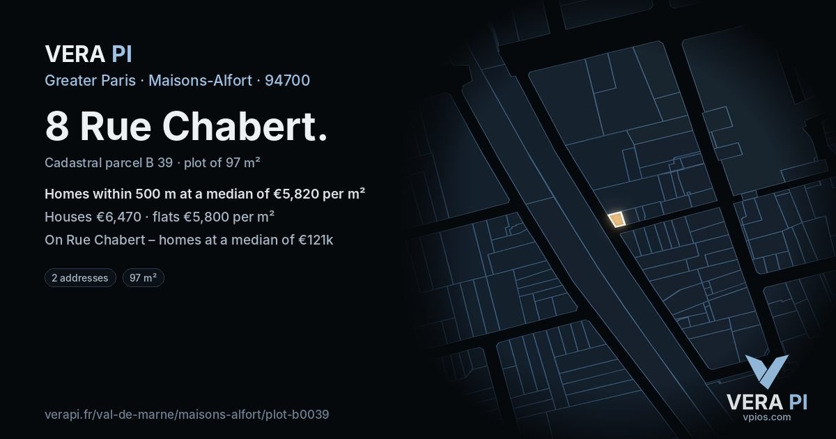 8 Rue Chabert, Maisons-Alfort at night – the plot lit, the parcels around coloured by the prices near them