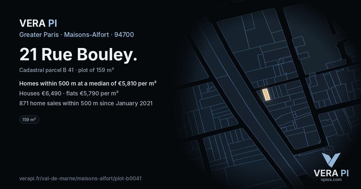 21 Rue Bouley, Maisons-Alfort at night – the plot lit, the parcels around coloured by the prices near them
