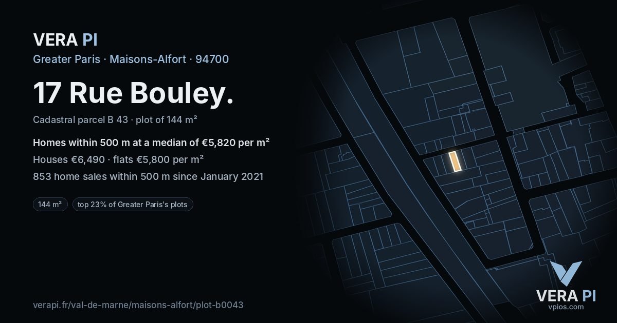 17 Rue Bouley, Maisons-Alfort at night – the plot lit, the parcels around coloured by the prices near them