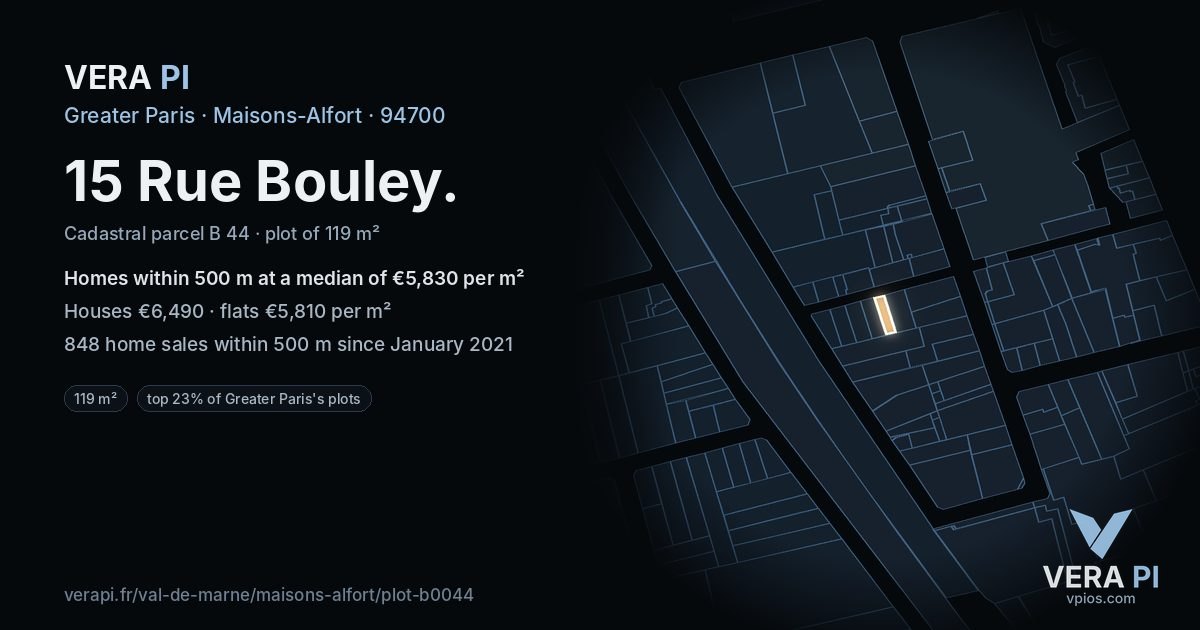 15 Rue Bouley, Maisons-Alfort at night – the plot lit, the parcels around coloured by the prices near them
