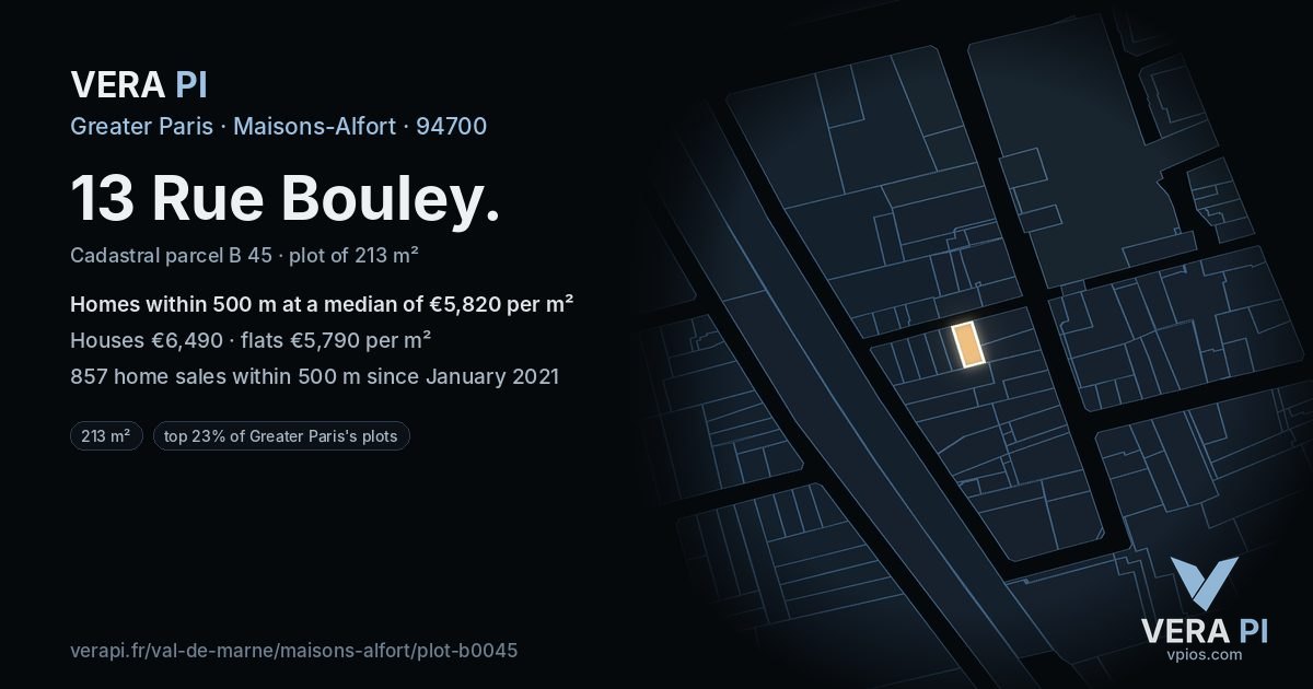 13 Rue Bouley, Maisons-Alfort at night – the plot lit, the parcels around coloured by the prices near them
