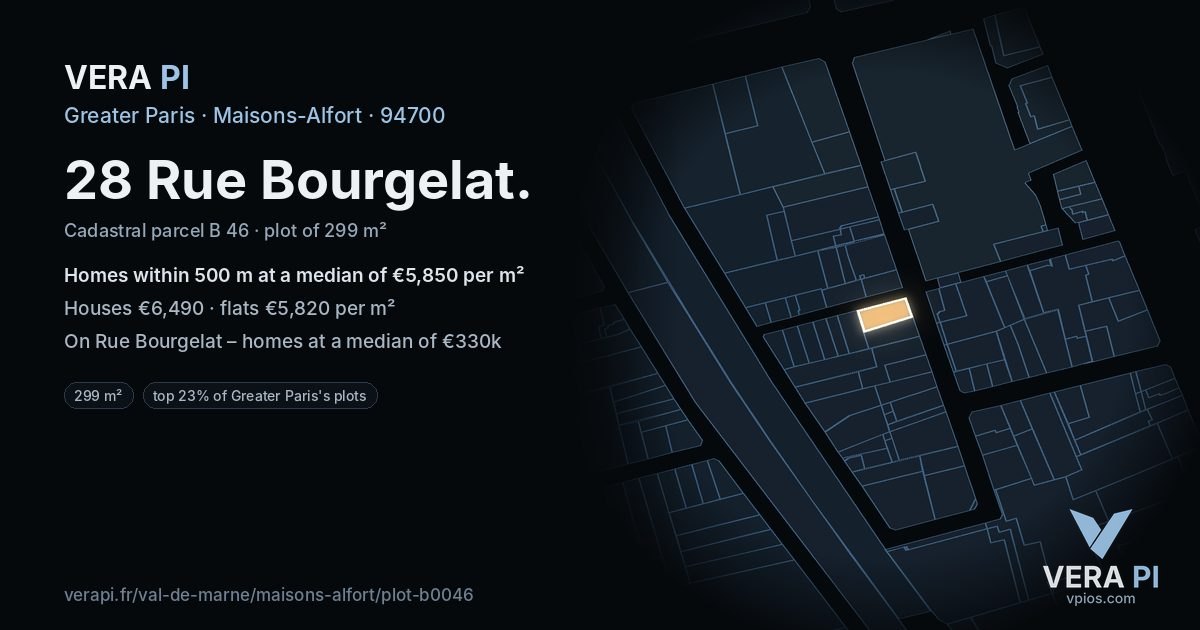 28 Rue Bourgelat, Maisons-Alfort at night – the plot lit, the parcels around coloured by the prices near them