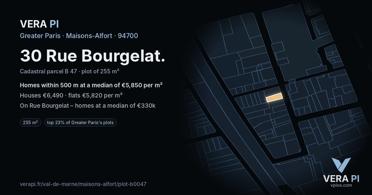 30 Rue Bourgelat, Maisons-Alfort at night – the plot lit, the parcels around coloured by the prices near them