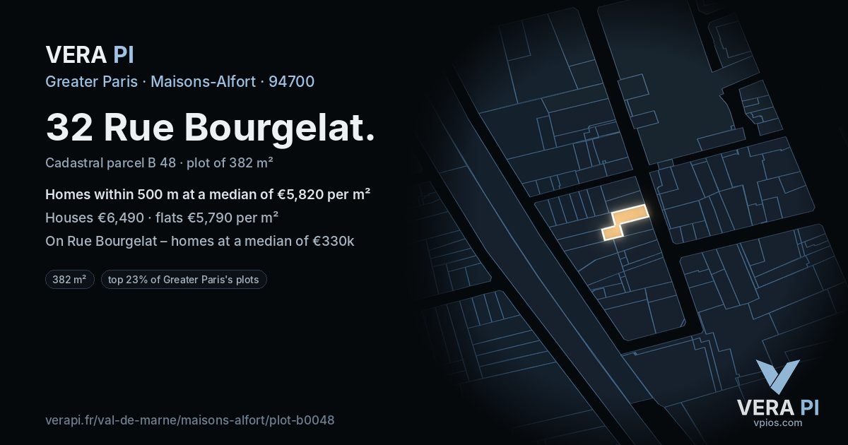 32 Rue Bourgelat, Maisons-Alfort at night – the plot lit, the parcels around coloured by the prices near them