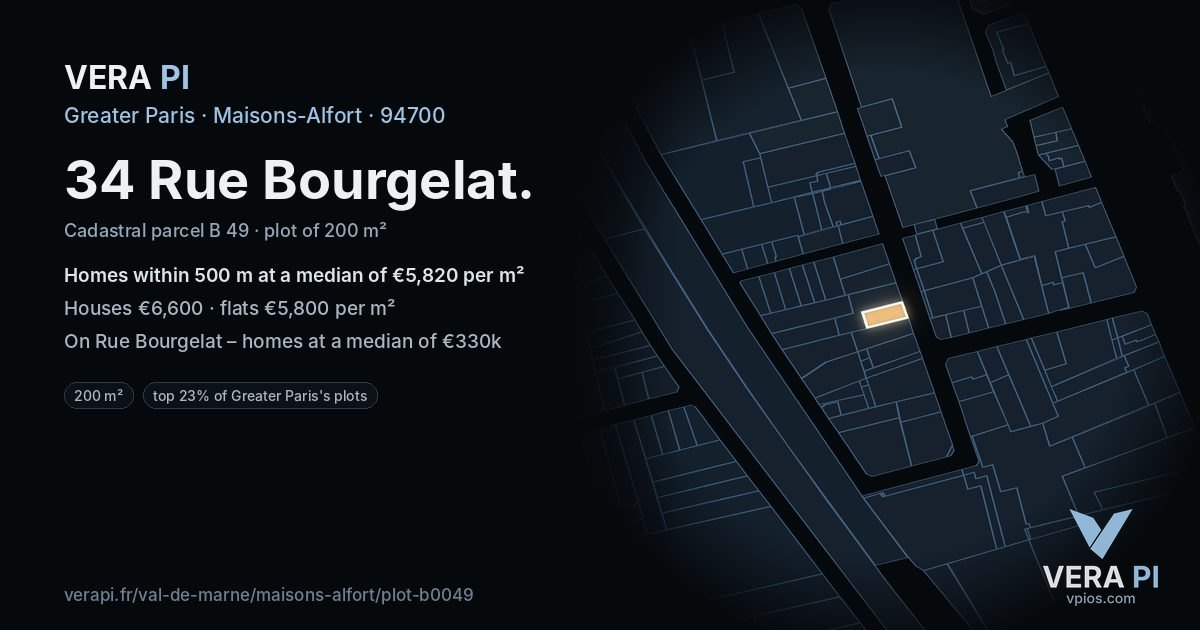 34 Rue Bourgelat, Maisons-Alfort at night – the plot lit, the parcels around coloured by the prices near them