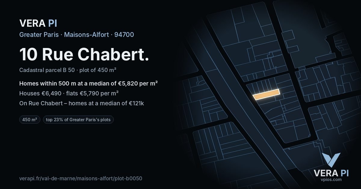 10 Rue Chabert, Maisons-Alfort at night – the plot lit, the parcels around coloured by the prices near them