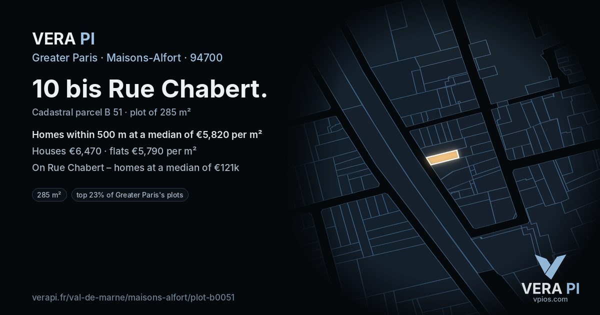 10 bis Rue Chabert, Maisons-Alfort at night – the plot lit, the parcels around coloured by the prices near them