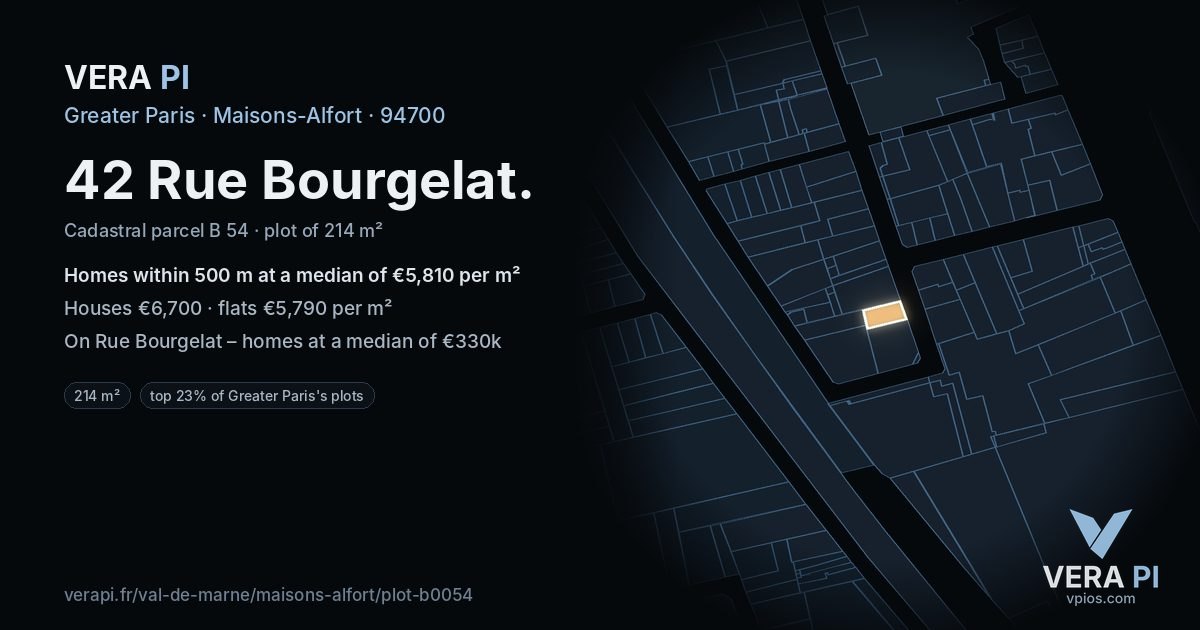 42 Rue Bourgelat, Maisons-Alfort at night – the plot lit, the parcels around coloured by the prices near them