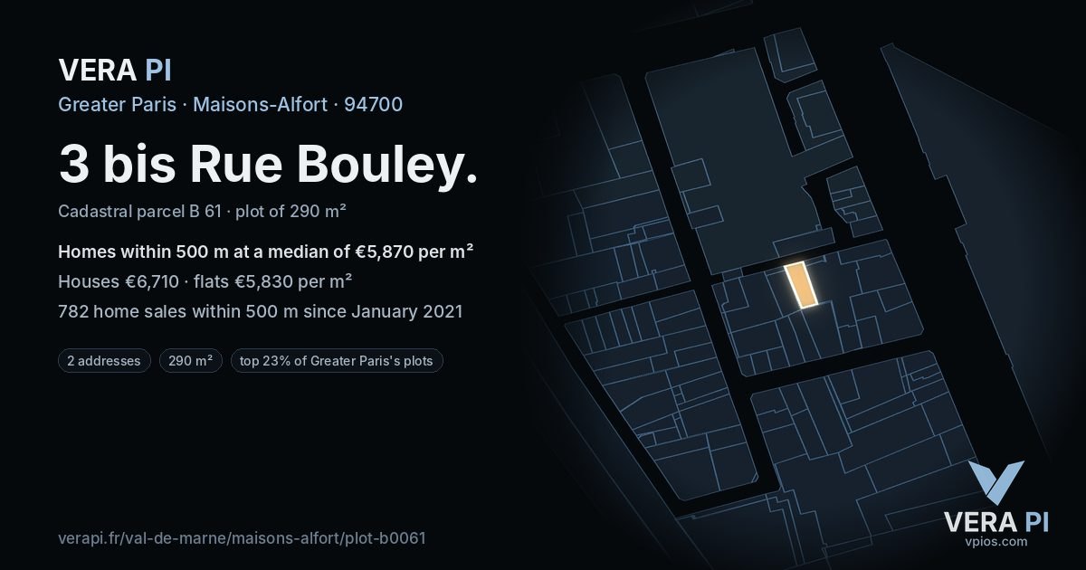 3 bis Rue Bouley, Maisons-Alfort at night – the plot lit, the parcels around coloured by the prices near them