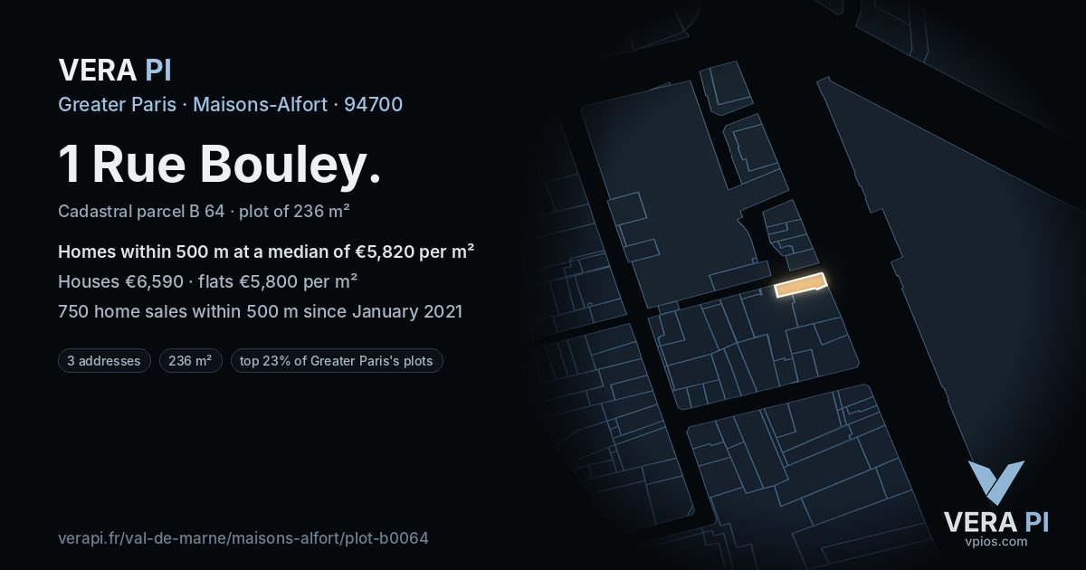 1 Rue Bouley, Maisons-Alfort at night – the plot lit, the parcels around coloured by the prices near them