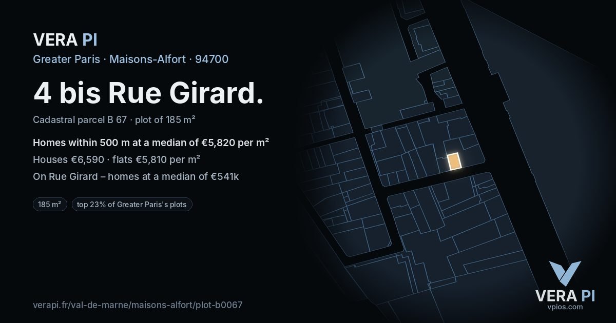 4 bis Rue Girard, Maisons-Alfort at night – the plot lit, the parcels around coloured by the prices near them