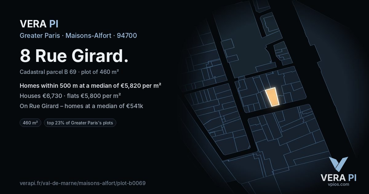 8 Rue Girard, Maisons-Alfort at night – the plot lit, the parcels around coloured by the prices near them