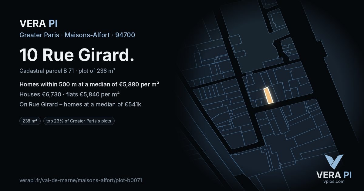 10 Rue Girard, Maisons-Alfort at night – the plot lit, the parcels around coloured by the prices near them