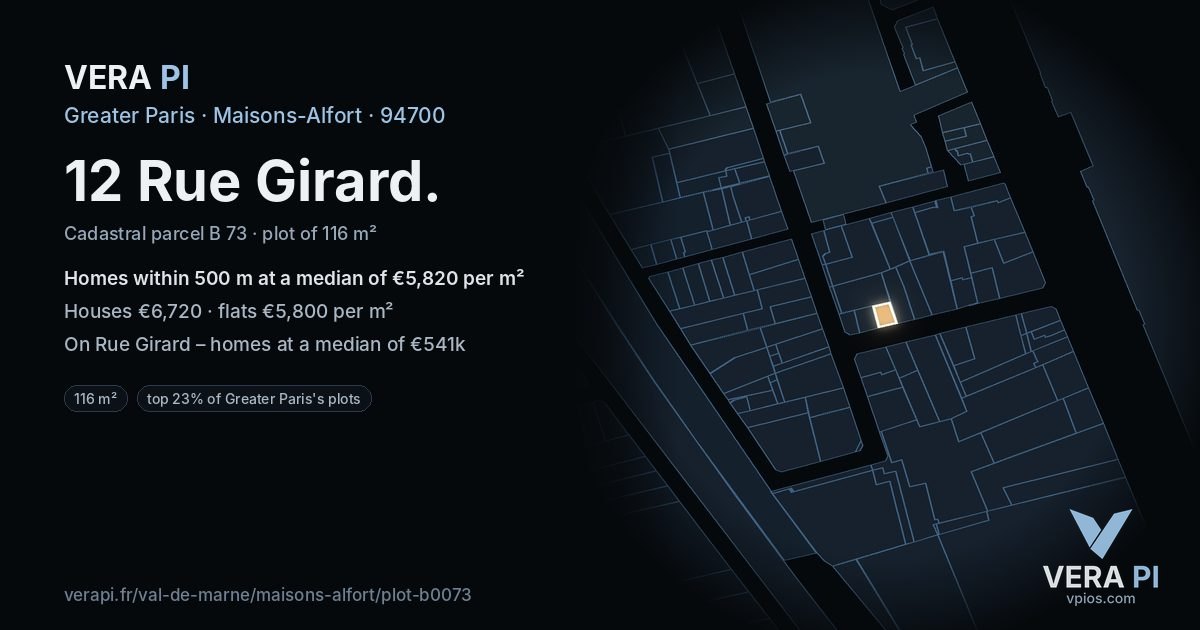 12 Rue Girard, Maisons-Alfort at night – the plot lit, the parcels around coloured by the prices near them