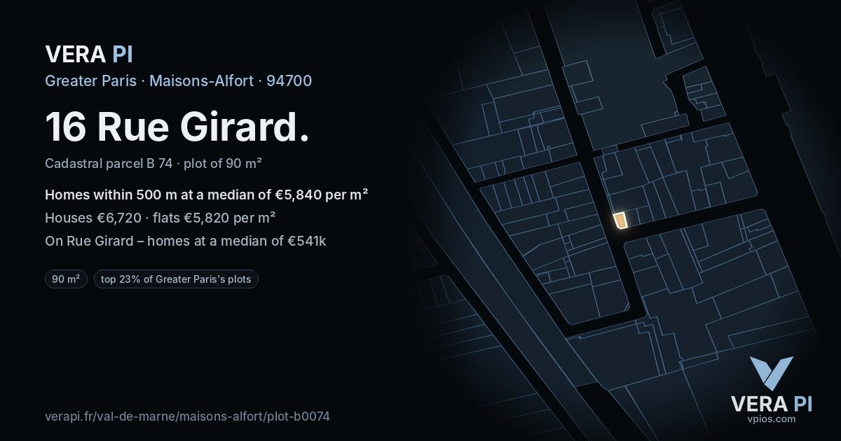 16 Rue Girard, Maisons-Alfort at night – the plot lit, the parcels around coloured by the prices near them