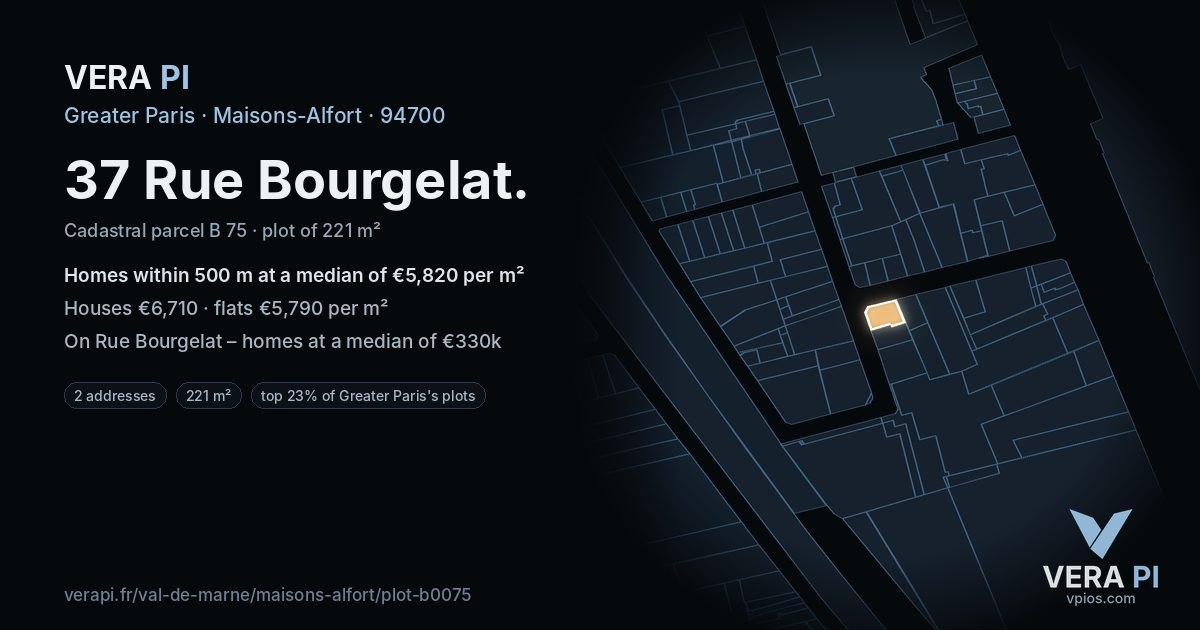 37 Rue Bourgelat, Maisons-Alfort at night – the plot lit, the parcels around coloured by the prices near them
