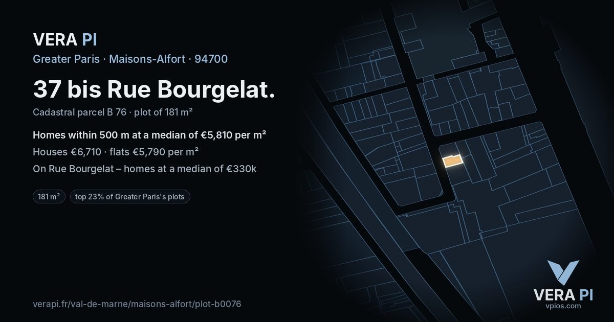 37 bis Rue Bourgelat, Maisons-Alfort at night – the plot lit, the parcels around coloured by the prices near them