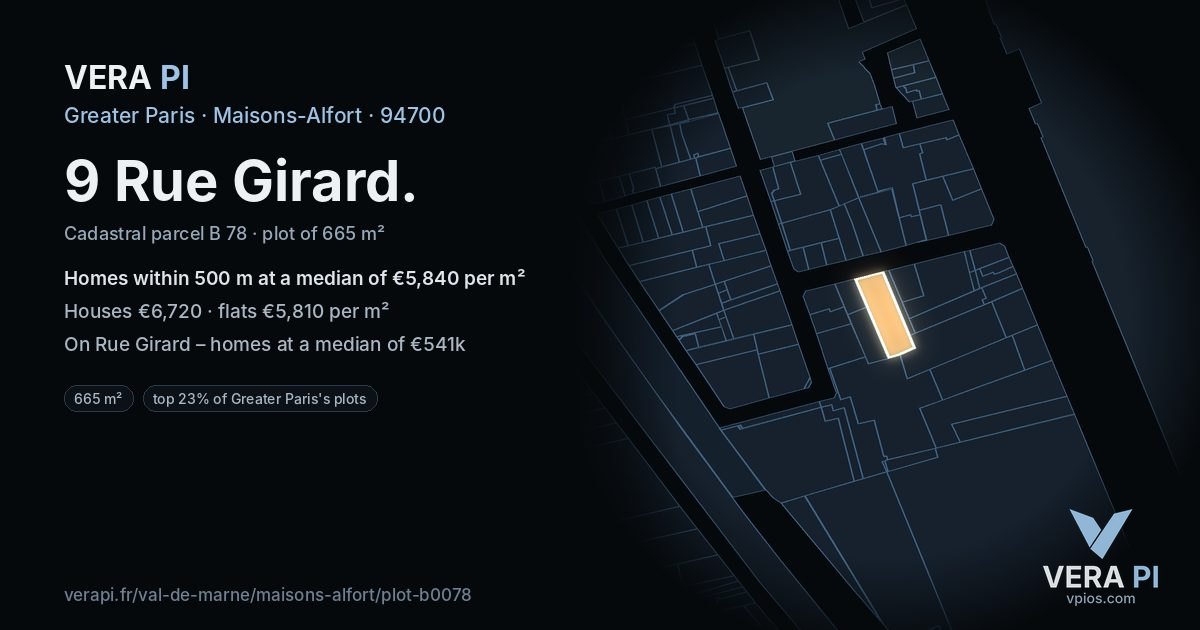 9 Rue Girard, Maisons-Alfort at night – the plot lit, the parcels around coloured by the prices near them