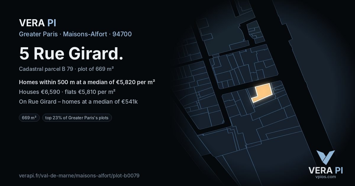 5 Rue Girard, Maisons-Alfort at night – the plot lit, the parcels around coloured by the prices near them