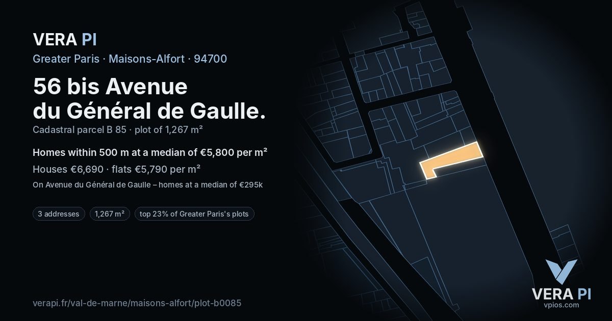 56 bis Avenue du Général de Gaulle, Maisons-Alfort at night – the plot lit, the parcels around coloured by the prices near them