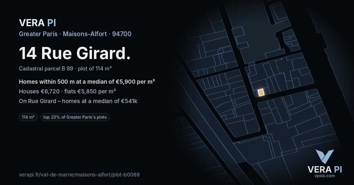 14 Rue Girard, Maisons-Alfort at night – the plot lit, the parcels around coloured by the prices near them
