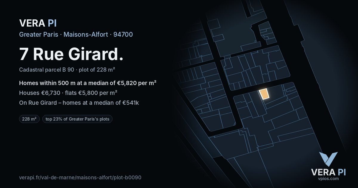 7 Rue Girard, Maisons-Alfort at night – the plot lit, the parcels around coloured by the prices near them