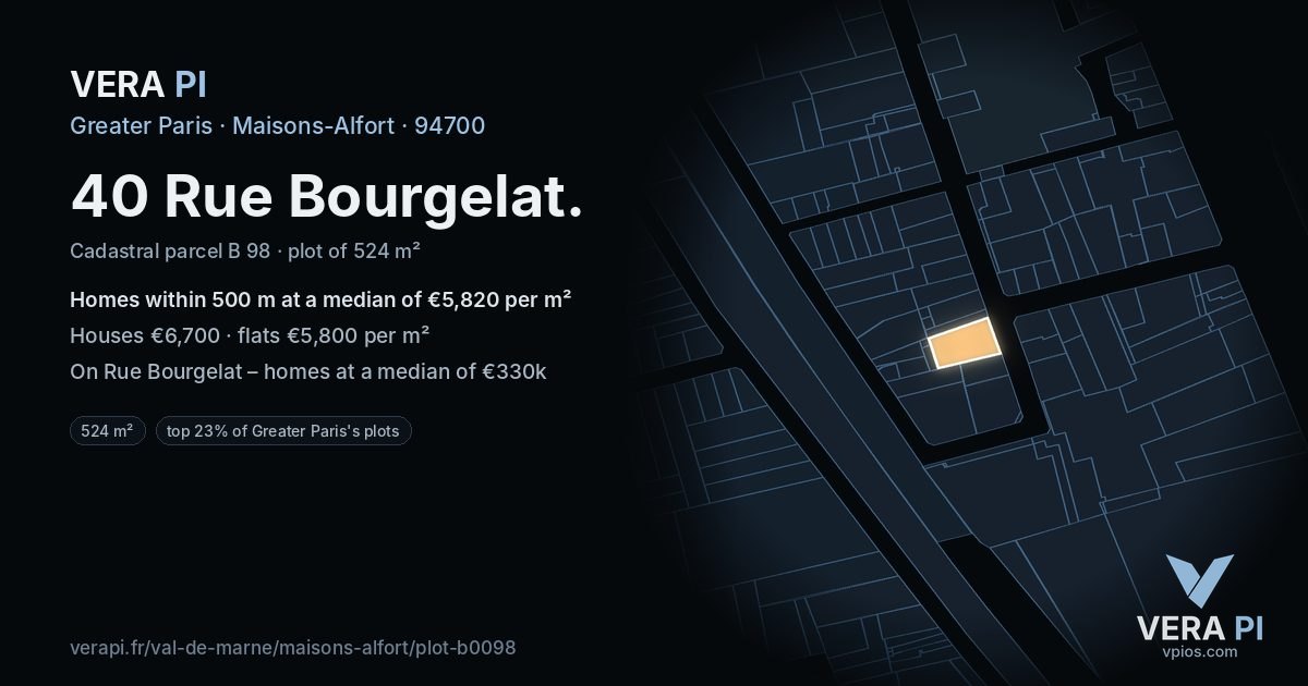 40 Rue Bourgelat, Maisons-Alfort at night – the plot lit, the parcels around coloured by the prices near them