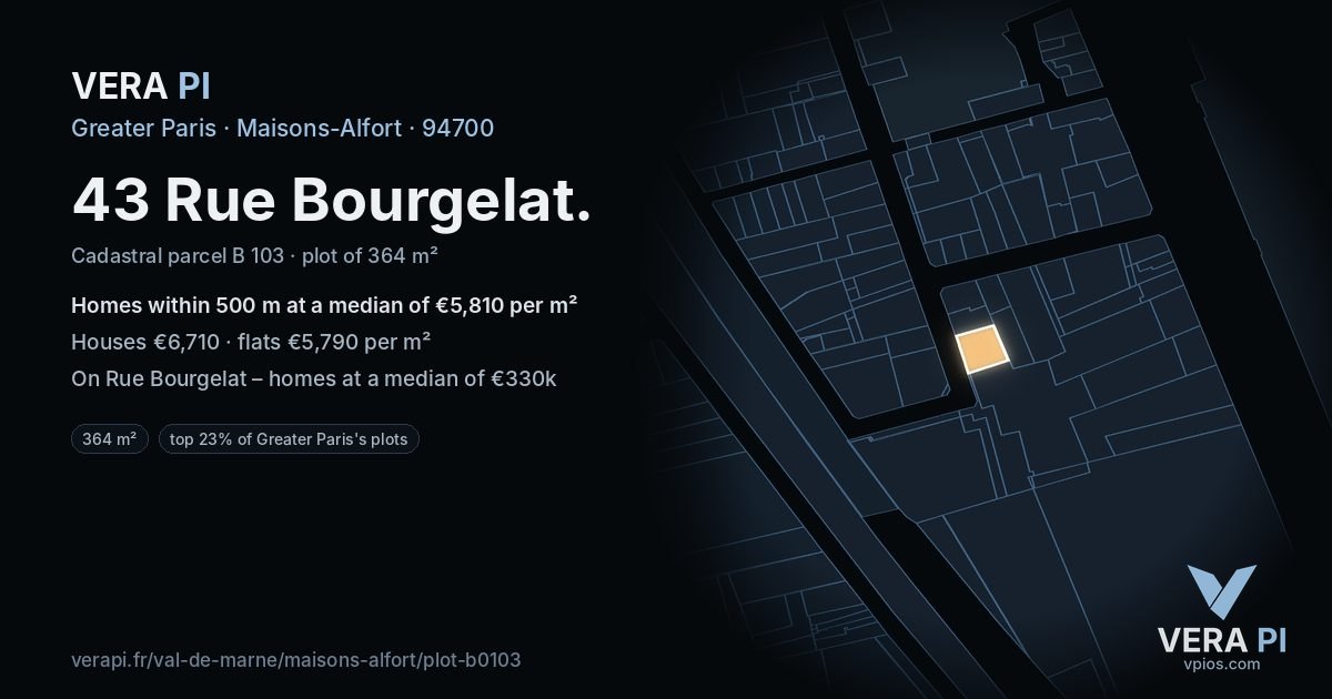 43 Rue Bourgelat, Maisons-Alfort at night – the plot lit, the parcels around coloured by the prices near them