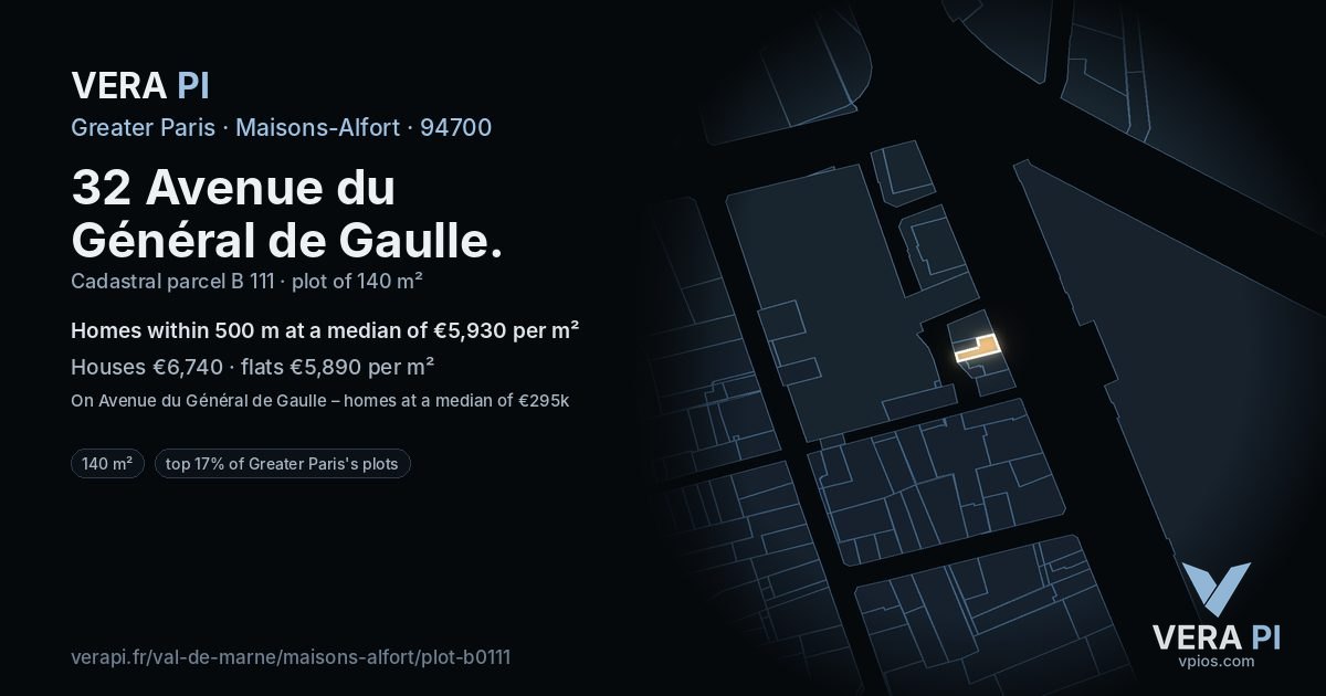 32 Avenue du Général de Gaulle, Maisons-Alfort at night – the plot lit, the parcels around coloured by the prices near them