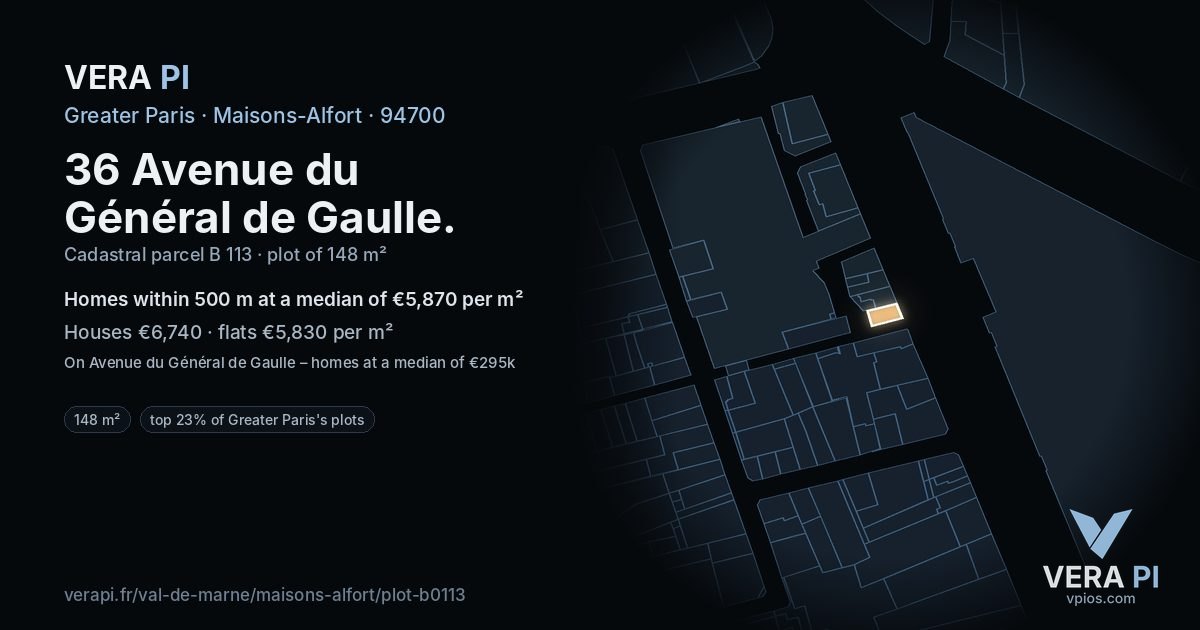 36 Avenue du Général de Gaulle, Maisons-Alfort at night – the plot lit, the parcels around coloured by the prices near them
