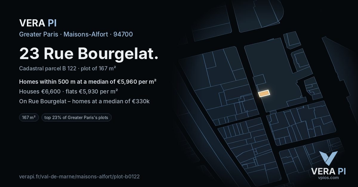 23 Rue Bourgelat, Maisons-Alfort at night – the plot lit, the parcels around coloured by the prices near them