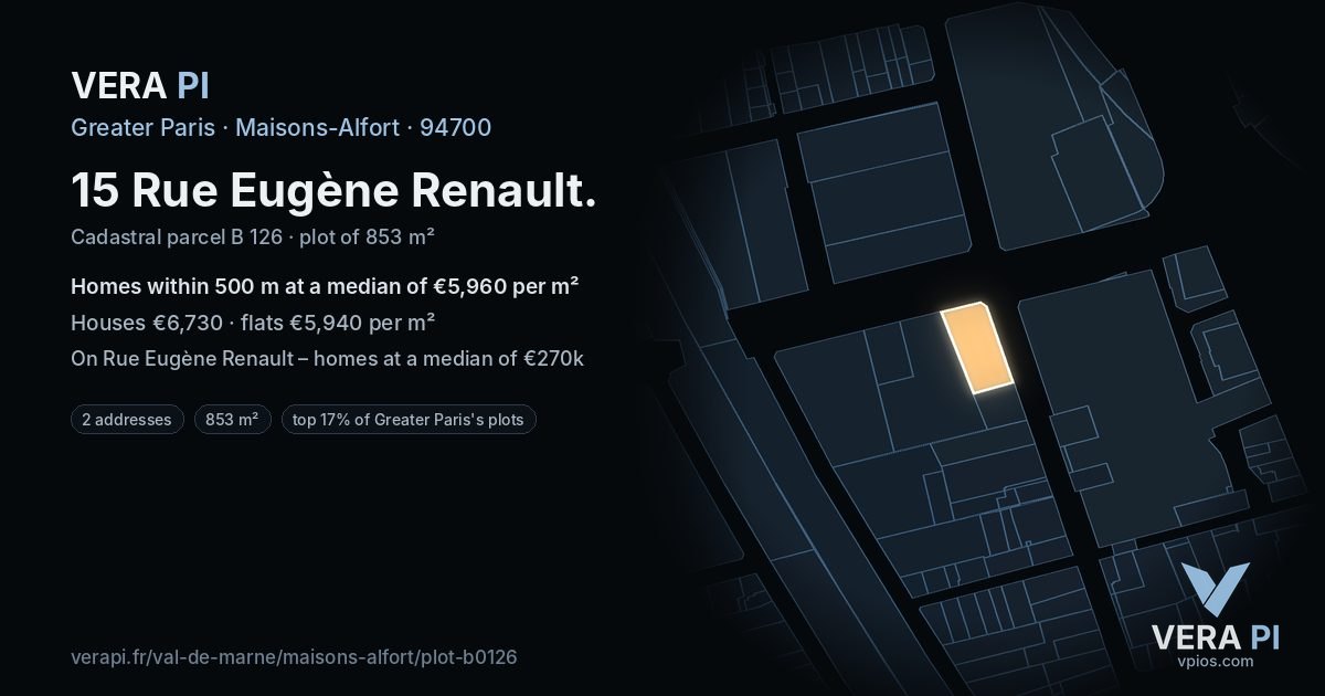 15 Rue Eugène Renault, Maisons-Alfort at night – the plot lit, the parcels around coloured by the prices near them
