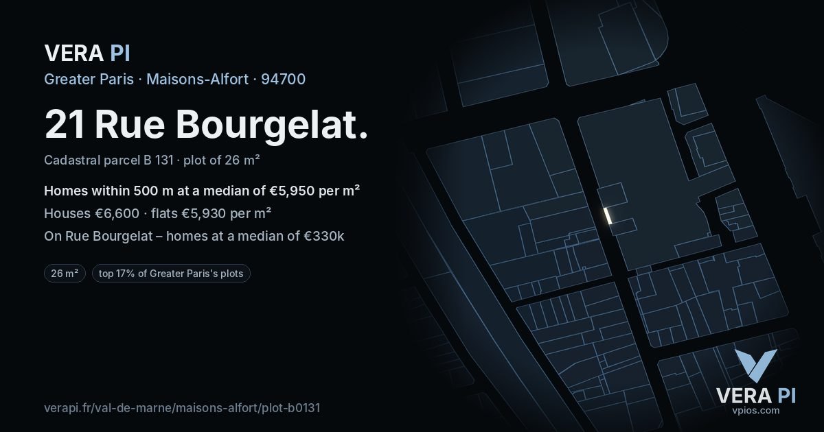 21 Rue Bourgelat, Maisons-Alfort at night – the plot lit, the parcels around coloured by the prices near them