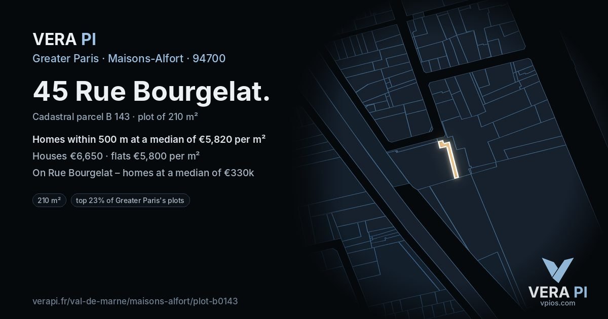 45 Rue Bourgelat, Maisons-Alfort at night – the plot lit, the parcels around coloured by the prices near them