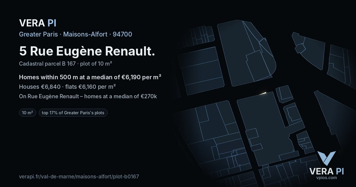 5 Rue Eugène Renault, Maisons-Alfort at night – the plot lit, the parcels around coloured by the prices near them