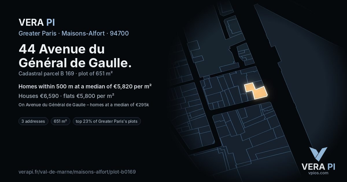 44 Avenue du Général de Gaulle, Maisons-Alfort at night – the plot lit, the parcels around coloured by the prices near them