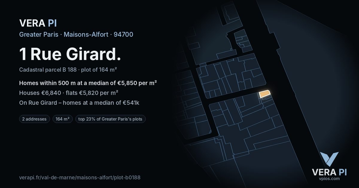 1 Rue Girard, Maisons-Alfort at night – the plot lit, the parcels around coloured by the prices near them
