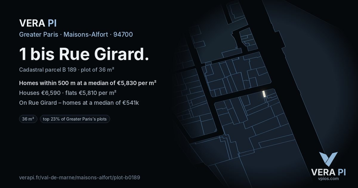1 bis Rue Girard, Maisons-Alfort at night – the plot lit, the parcels around coloured by the prices near them