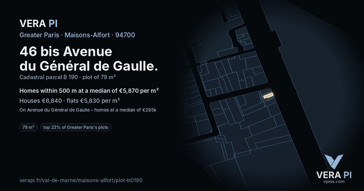 46 bis Avenue du Général de Gaulle, Maisons-Alfort at night – the plot lit, the parcels around coloured by the prices near them