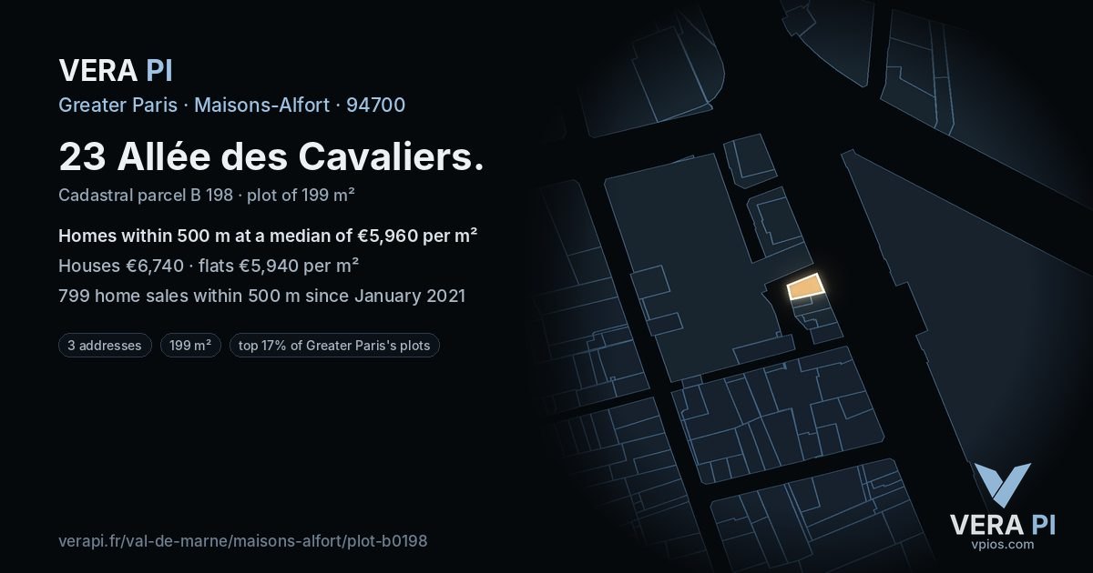 23 Allée des Cavaliers, Maisons-Alfort at night – the plot lit, the parcels around coloured by the prices near them