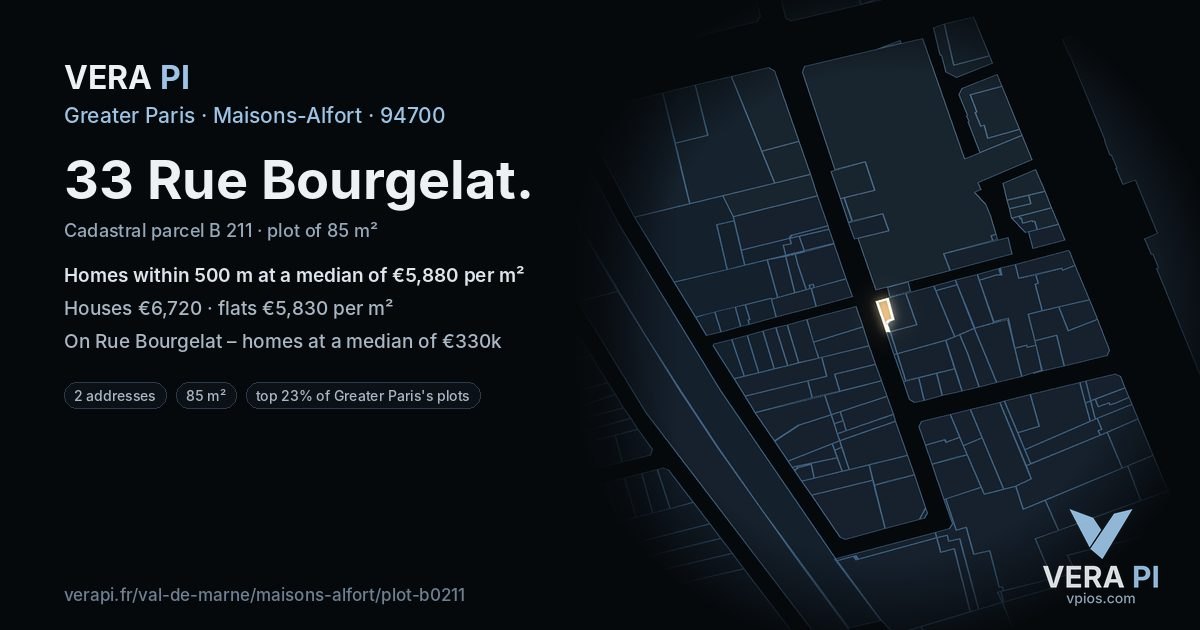 33 Rue Bourgelat, Maisons-Alfort at night – the plot lit, the parcels around coloured by the prices near them