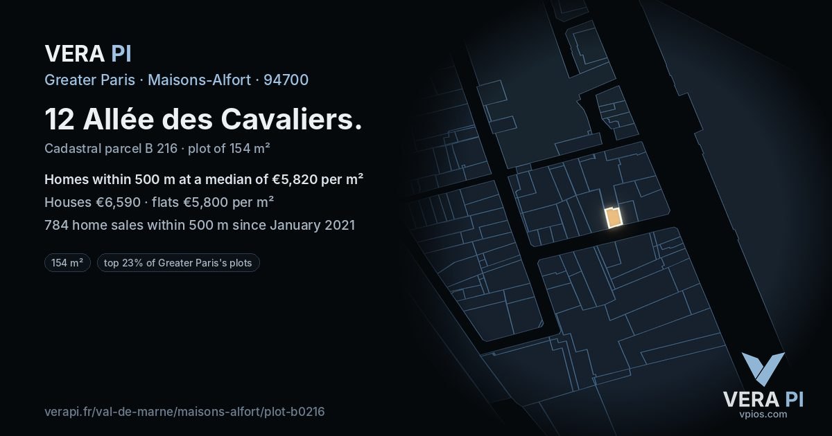 12 Allée des Cavaliers, Maisons-Alfort at night – the plot lit, the parcels around coloured by the prices near them