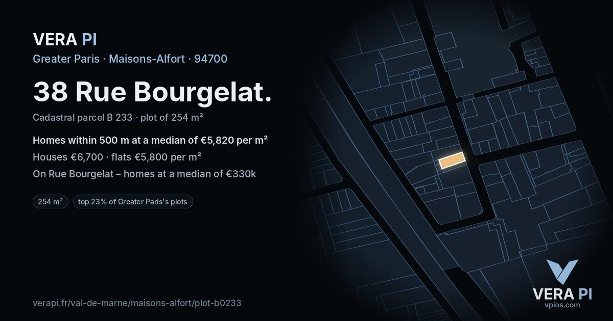 38 Rue Bourgelat, Maisons-Alfort at night – the plot lit, the parcels around coloured by the prices near them