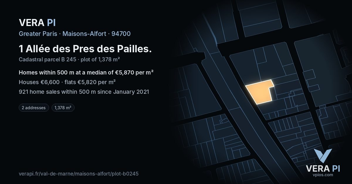 1 Allée des Pres des Pailles, Maisons-Alfort at night – the plot lit, the parcels around coloured by the prices near them